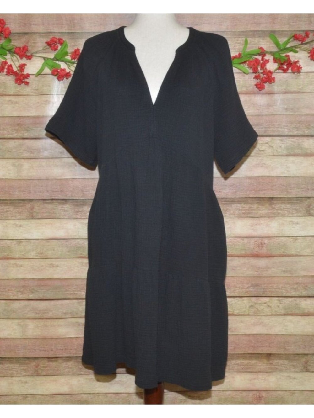 GAP Womens Large Black Cotton Gauze Tiered Dress Short Sleeve V Neck Boho Casual